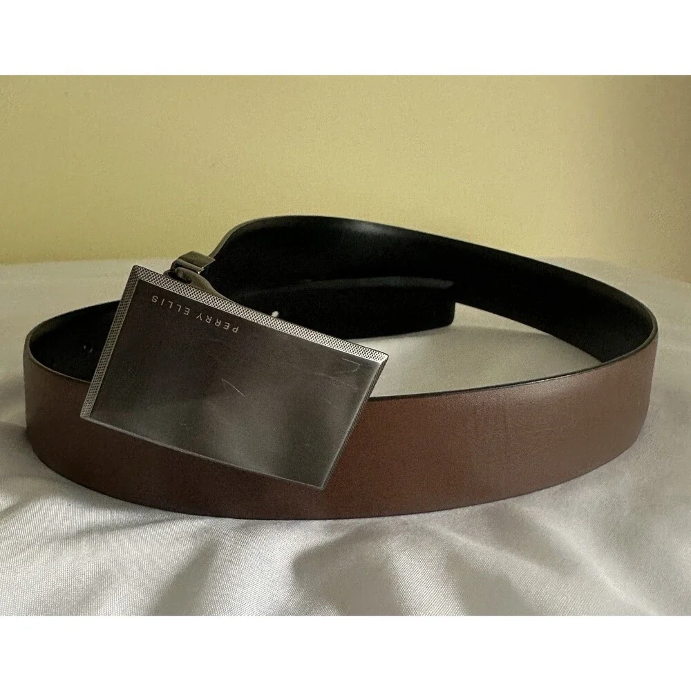 Perry Ellis Mens Reversible Belt Brown Black Plaque Buckle 36 1P06020